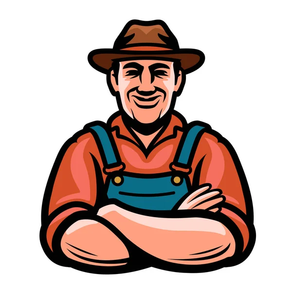 帽子のイラストで魅力的な笑顔の農場労働者 白い背景に孤立した男性農家 — ストック写真