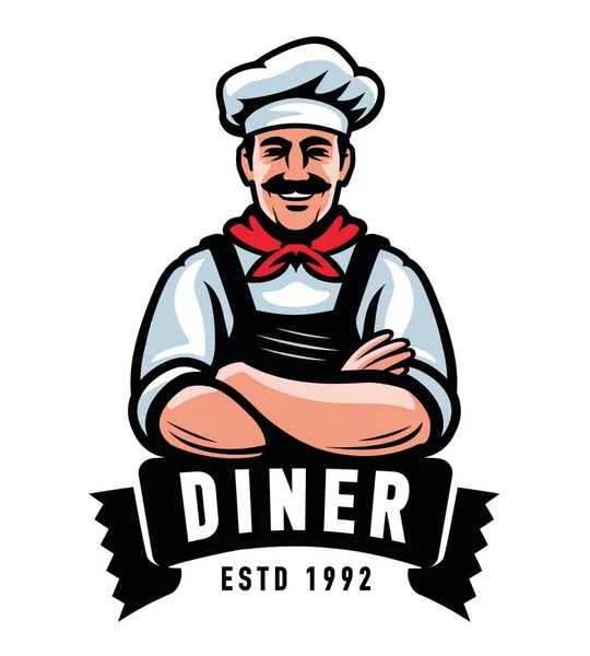 Diner Emblem Glücklicher Männlicher Koch Mit Kochmütze Oder Logo Kochen — Stockvektor