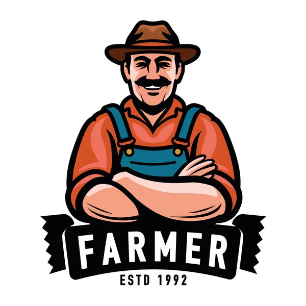Çiftçi Amblemi Şapka Sembolü Veya Logosu Olan Mutlu Bir Erkek — Stok Vektör