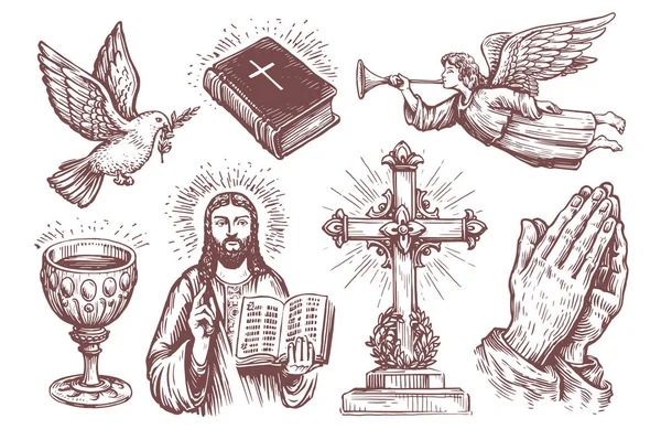 Kutsal Ncil Dua Ederken Katlanmış Eller Melek Eskizi Din Sembolleri — Stok Vektör