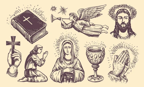 聖書の記号のコレクションのスケッチ 宗教概念ベクトル ヴィンテージ彫刻風の手描きイラストセット — ストックベクタ