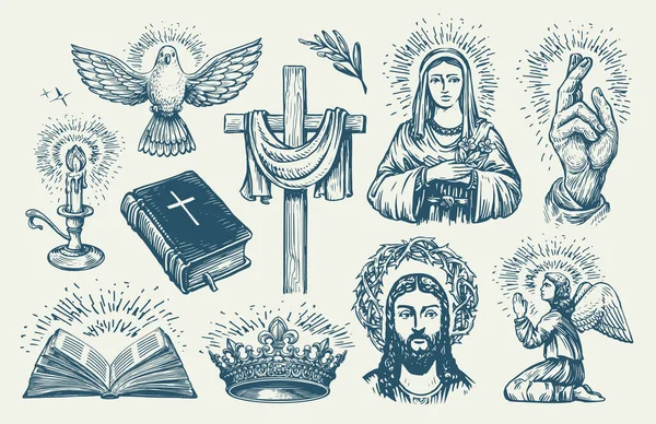 Los Símbolos Religión Establecen Bosquejo Motivos Bíblicos Espiritualidad Cruzada Catolicismo — Vector de stock