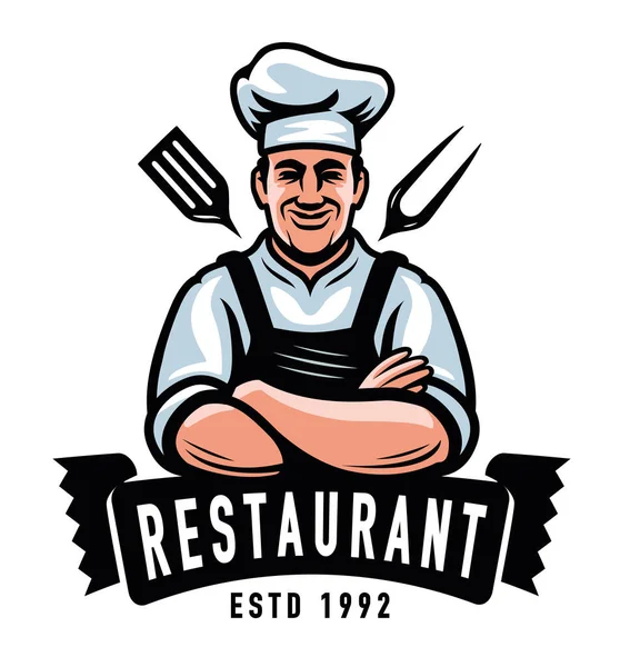 Logo Restaurant Joyeux Chef Chapeau Avec Des Outils Friture Viande — Image vectorielle