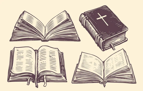 Bíblia Sagrada Com Esboço Cruz Livro Velho Desenhado Mão Estilo —  Vetores de Stock