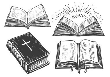 Kutsal İncil skeci. Kurdele ayıracı olan eski açık bir kitap. Klasik oymacılık tarzında elle çizilmiş illüstrasyon