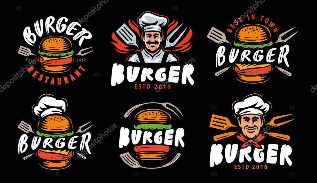 Burger, fast food logo emblem. Set of labels or badges for menu design restaurant or cafe. Vector illustration