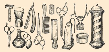 Klasik berber malzemeleri. Saç, sakal ve bıyık kesmek için eski berber aletleri. Güzellik salonu vektör illüstrasyonu