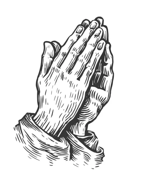 Two hands in prayer pose. Praying hands. Worship, pray symbol. Sketch vintage illustration