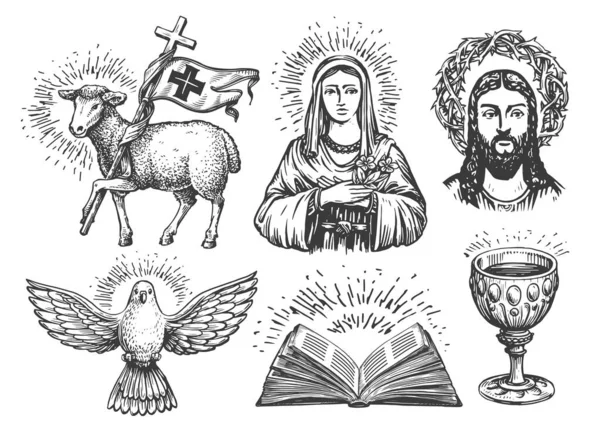 头戴荆棘冠冕的耶稣 打开的圣经 圣母玛利亚 鸽子天国使者 羊象征天主教 — 图库矢量图片