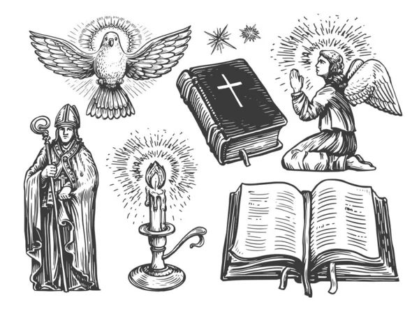Молящийся Ангел Крыльями Священная Библия Зажженная Свеча Летающий Голубь Епископ — стоковый вектор