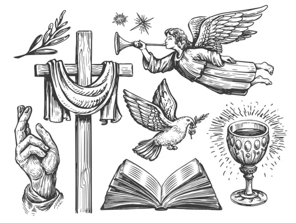 基督教木制十字架 祝福之手 飞鸽与橄榄枝 开放圣经 宗教象征 — 图库矢量图片