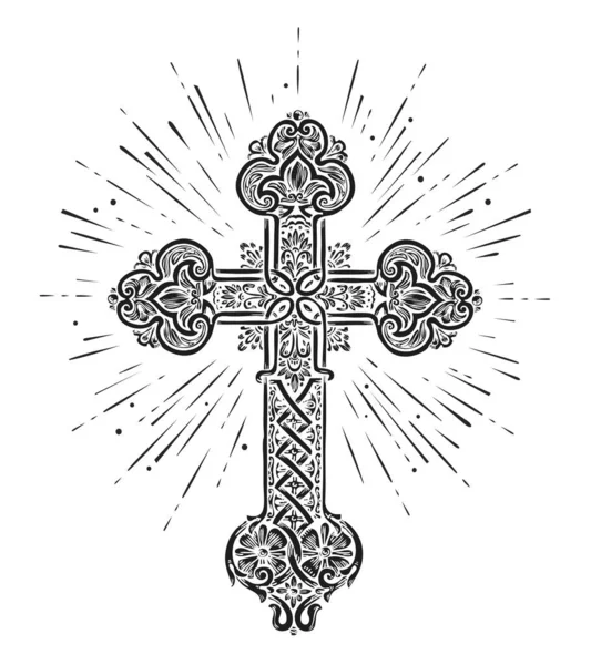 Christian Cross Stralen Schitterend Decoratief Kruis Teken Symbool Van Geloof — Stockvector