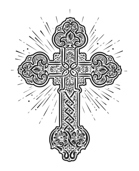Brillante Adornado Cruz Cristiana Signo Iglesia Símbolo Dios Dibujo Ilustración — Vector de stock