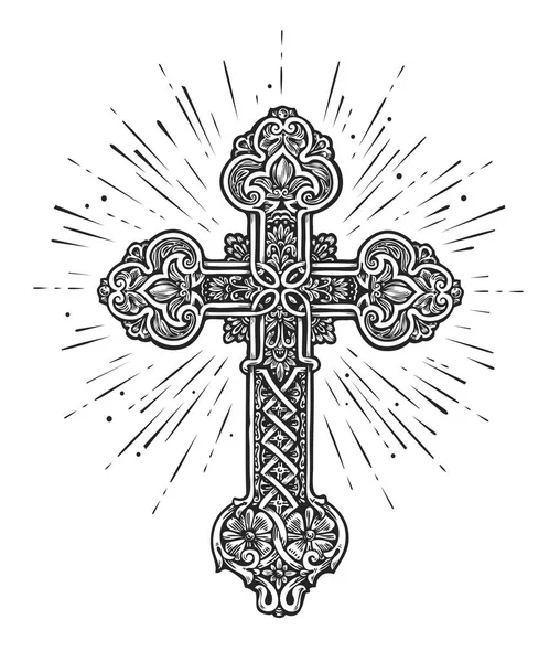 Christian Cross Süsleyin Kilise Tanrı Nanç Hristiyanlık Dini Sembolü Vintage — Stok Vektör