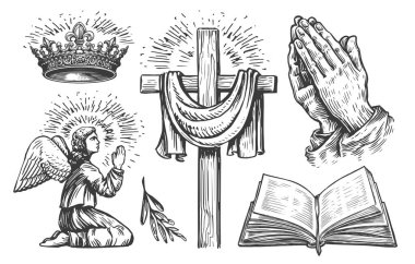 Hristiyan haçı, dua eden melek, kutsal kitabı aç, dua eden eller, Tanrı 'nın kralının tacı. Din kavramı, semboller