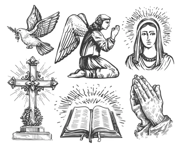 天使を祈り 祈りの中で手を折り畳む キリスト教の十字架 聖書の本 オリーブの枝で鳩飛んで 聖マリア — ストックベクタ