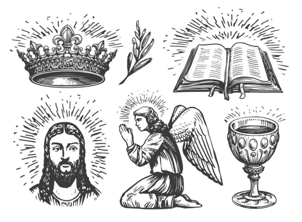 肖像画の顔イエス キリスト オープン聖書の本 天の冠 オリーブの枝を祈っています 宗教記号 — ストックベクタ