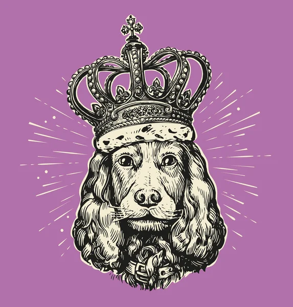 王冠上可爱的狗的皇家肖像 宠物动物科克犬头像草图古董矢量图解 — 图库矢量图片