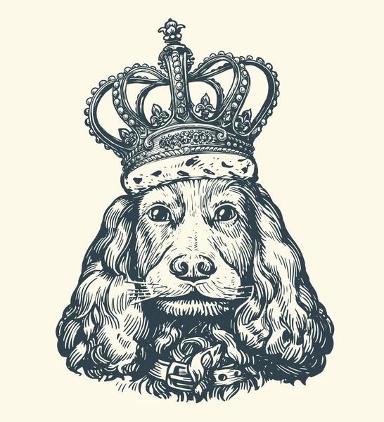 有王冠的漂亮的狗的肖像 宠物动物 可爱的小狗在老式雕刻风格 绘图矢量图解 — 图库矢量图片