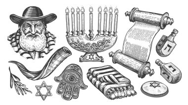 Yahudi çizimi. Tevrat parşömeni, Menorah, Shofar, Haham, Miriam eli. Din kavramı vintage vektör illüstrasyonu