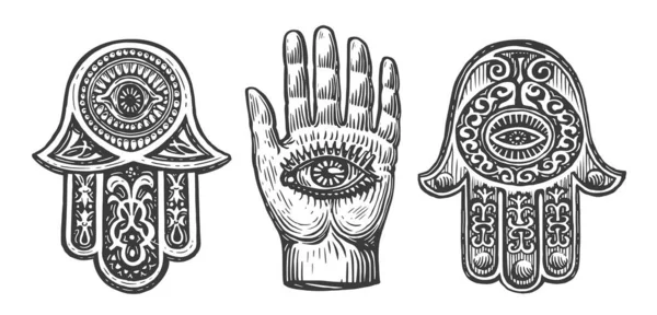 Hamsa Hand Fatima Ornaments Sketch Amulet Symbol Protection Devil Eye — Stock Vector