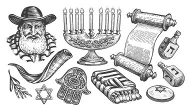 Yahudi çizimi. Tevrat parşömeni, Menorah, Shofar, Haham, Miriam eli. Din kavramı vintage vektör illüstrasyonu