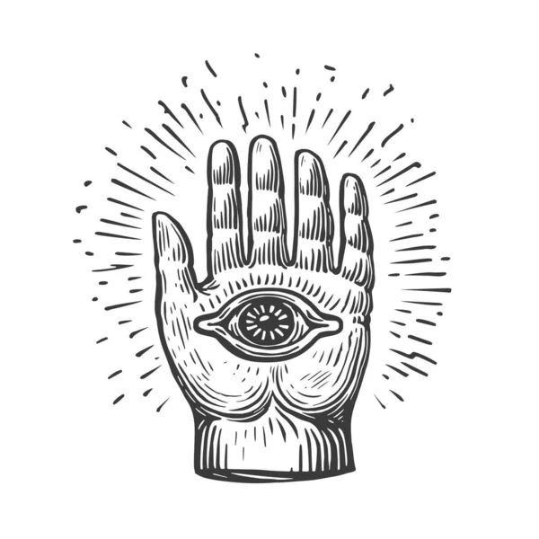 ハムサやファティマのサインの手 アミュレット悪魔の目からの保護の象徴だ 手描きのヴィンテージスケッチベクトルイラスト — ストックベクタ