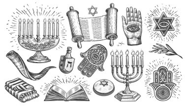 Jewish set. Religion concept vintage sketch vector illustration. Collection elements for decoration of religious holiday clipart