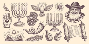 Yahudilik dini, Yahudi bayramı konsepti. Tevrat ve dreidel, Hanuka menorah, Shofar, David Star, Rabbi, Hamsa vektörü