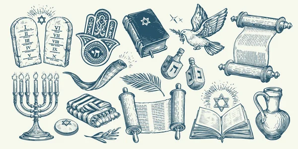 Εβραϊκά Θρησκευτικά Αντικείμενα Τόρα Πάπυρος Μενόρα Δισκία Μίριαμ Χέρι Θρησκεία — Διανυσματικό Αρχείο