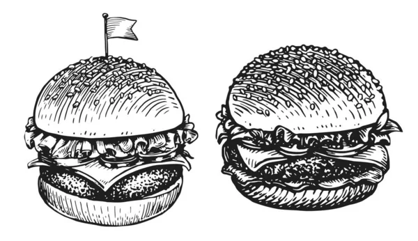 おいしいジューシーな大きなバーガー ハンバーガー おいしいサンドイッチ ファーストフードのスケッチ 手描きヴィンテージベクトルイラスト — ストックベクタ