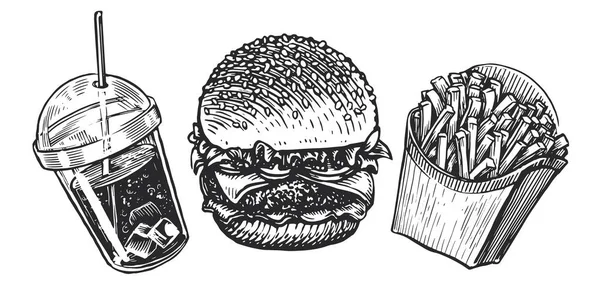 快餐素描 薯条和可乐加冰块 街头食物或外卖媒介图解 — 图库矢量图片