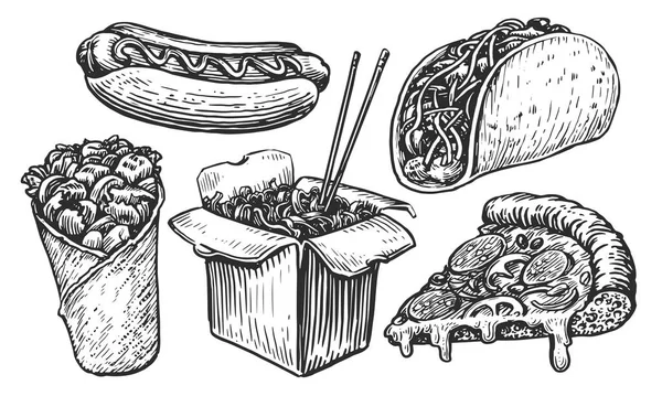 Fast Food Sketch Wok Nudeln Pizza Tacos Hot Dog Kebab — Stockvektor