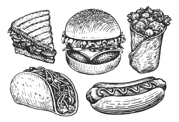Fast Food Schets Burger Hotdog Burrito Sandwich Taco Straat Voedsel — Stockvector