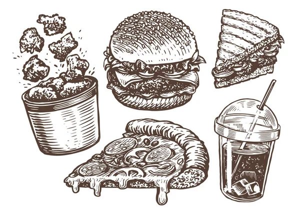 Streetfood Zum Mitnehmen Burger Gebratenes Hühnerfleisch Cola Pizza Sandwich Sketch — Stockvektor