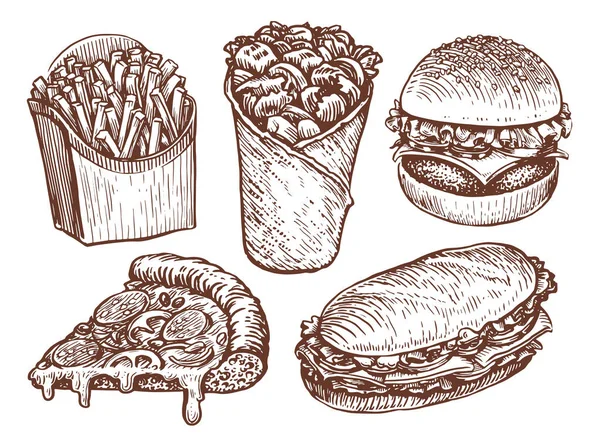 快餐产品 汉堡包 三明治 披萨素描 餐厅或餐厅菜单 矢量说明 — 图库矢量图片
