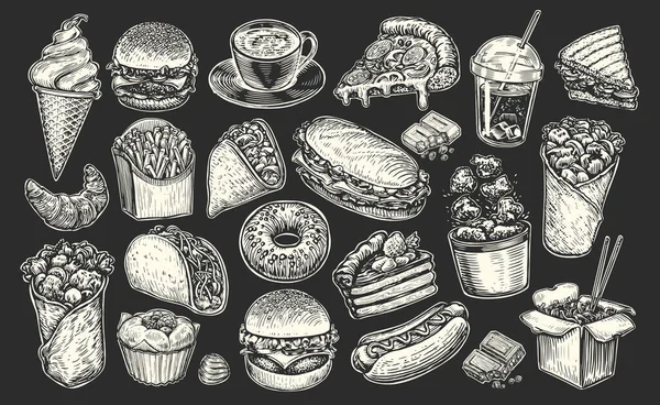 Essen Und Trinken Kreide Handgezeichnet Set Auf Schwarzer Tafel Sammlungsskizzen — Stockvektor
