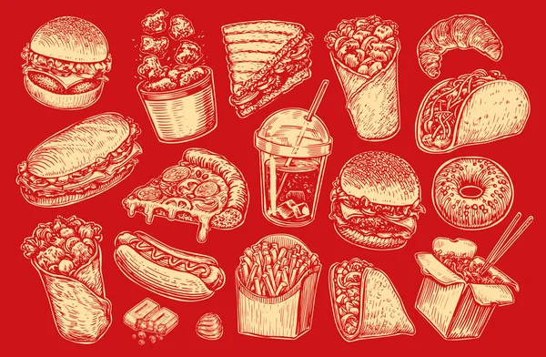 Fast Food Und Drink Set Für Restaurants Oder Cafés Street — Stockvektor