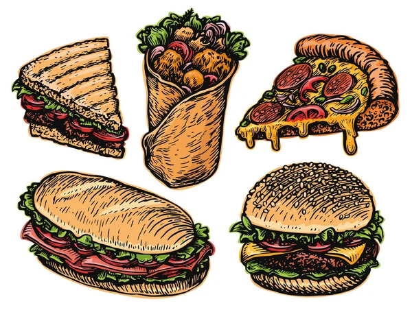 Set Comida Rápida Burger Burrito Cheeseburger Sandwich Rebanada Pizza Restaurante — Archivo Imágenes Vectoriales