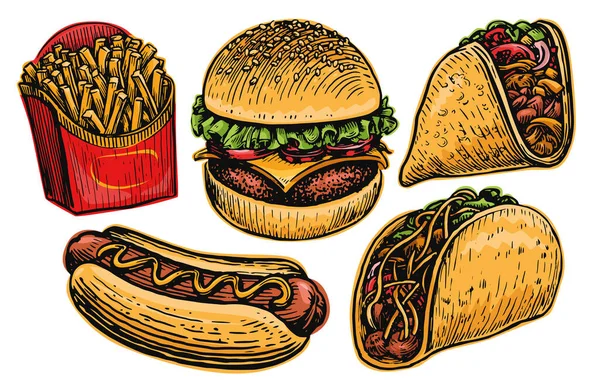 Sada Rychlého Občerstvení Burger Hot Dog Cheeseburger Sandwich Tacos Fries — Stockový vektor