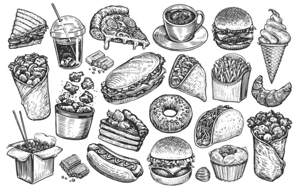 食品和饮料插图集 为餐厅或餐厅设计菜单而以素描风格手工绘制的物品集合 — 图库照片