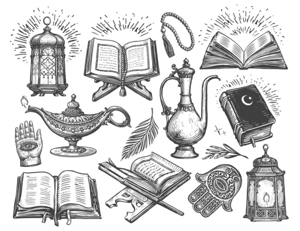 伊斯兰概念草图 古老雕刻风格中的崇拜 宗教物品和符号 收集矢量说明 — 图库矢量图片