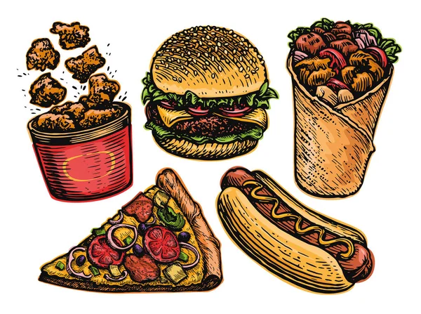 Zestaw Fast Food Cheeseburger Kawałek Pizzy Hot Dog Kebab Smażone — Wektor stockowy
