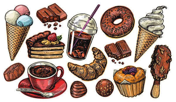 Sweet Dessert set. Food and Drink collection for restaurant or cafe menu. Color vector illustration