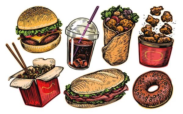 Fast Food Koleksiyonu Restoran Restoran Menüsü Için Yiyecek Içecek Hazır — Stok Vektör