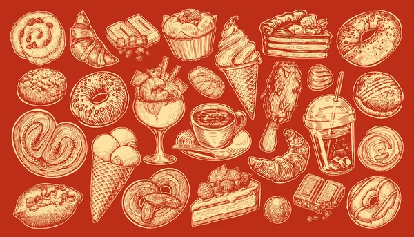 Zoete Dessertset Eten Drinken Collectie Voor Restaurant Cafe Menu Handgetekende — Stockvector