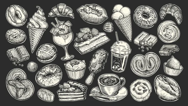 食物和饮料粉笔画在黑板上 餐厅或咖啡馆菜单的藏品草图 甜食概念 — 图库矢量图片