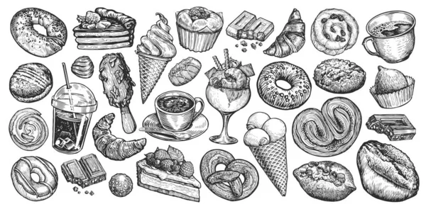 食物和饮料被隔离 手绘甜食概念 餐馆或咖啡店菜单的藏品草图 — 图库照片