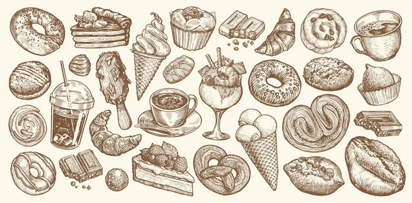 为咖啡馆或餐馆菜单准备的食物和饮料素描 手绘甜点 甜甜点 古董矢量图解 — 图库矢量图片
