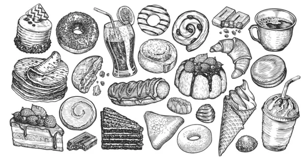 食物和饮料的收集被隔离 手绘甜食概念 为餐厅或咖啡店菜单设置草图 — 图库照片